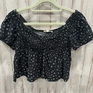LA Hearts Black Floral Smocked Flowy Baby Tee Top Womens XS Off The Shoulder